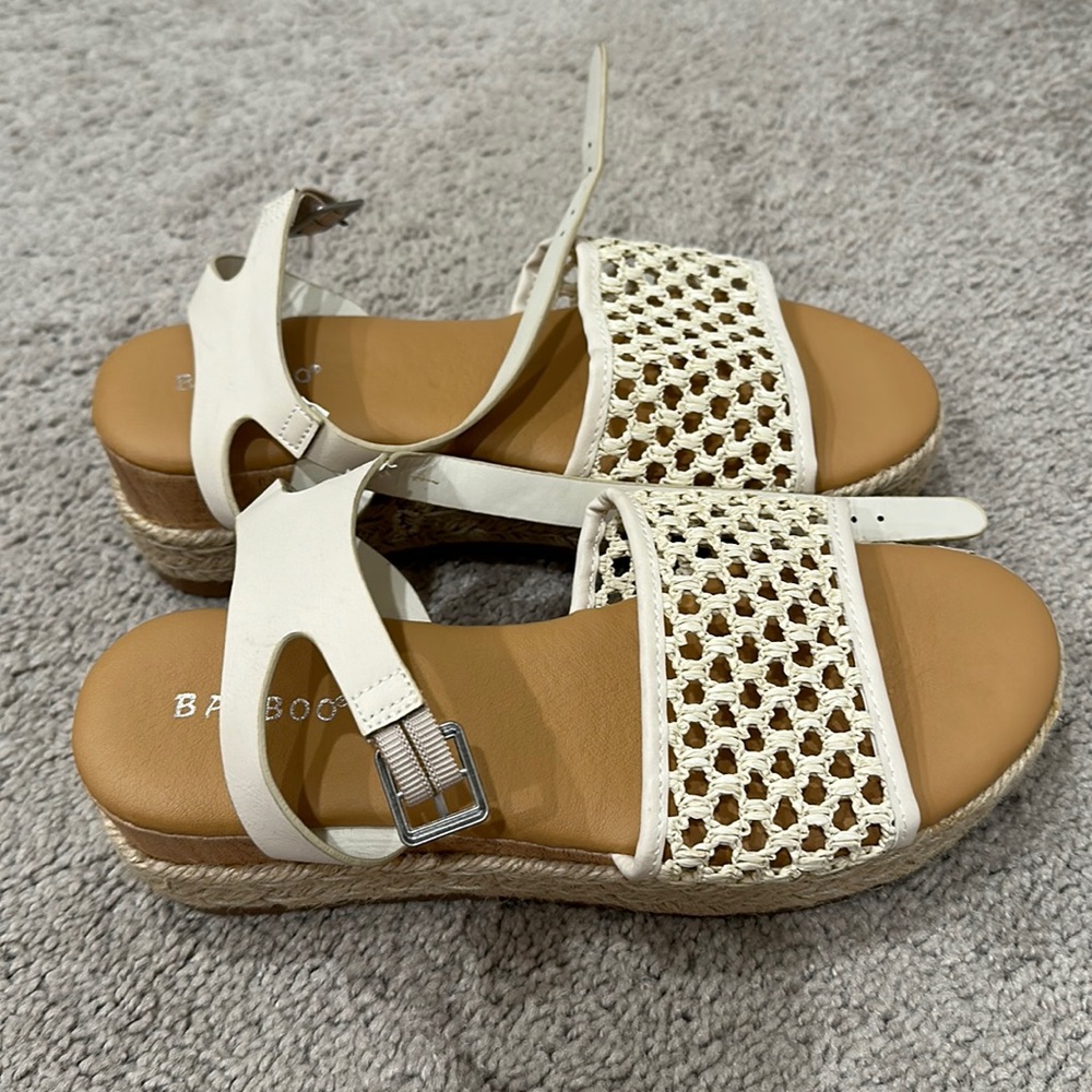 Miss Lola BAMBOO Ankle Strap Neutral Crochet Wedges (7.5)